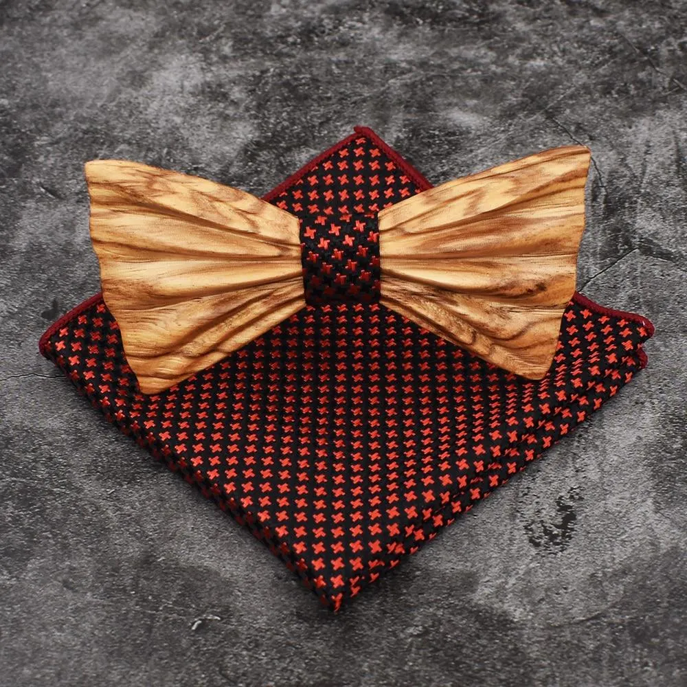 3D Unisex Pocket Square Wooden Bowtie Set for Wedding Business Suit