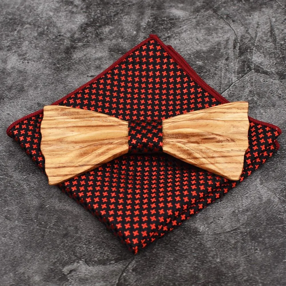 3D Unisex Pocket Square Wooden Bowtie Set for Wedding Business Suit