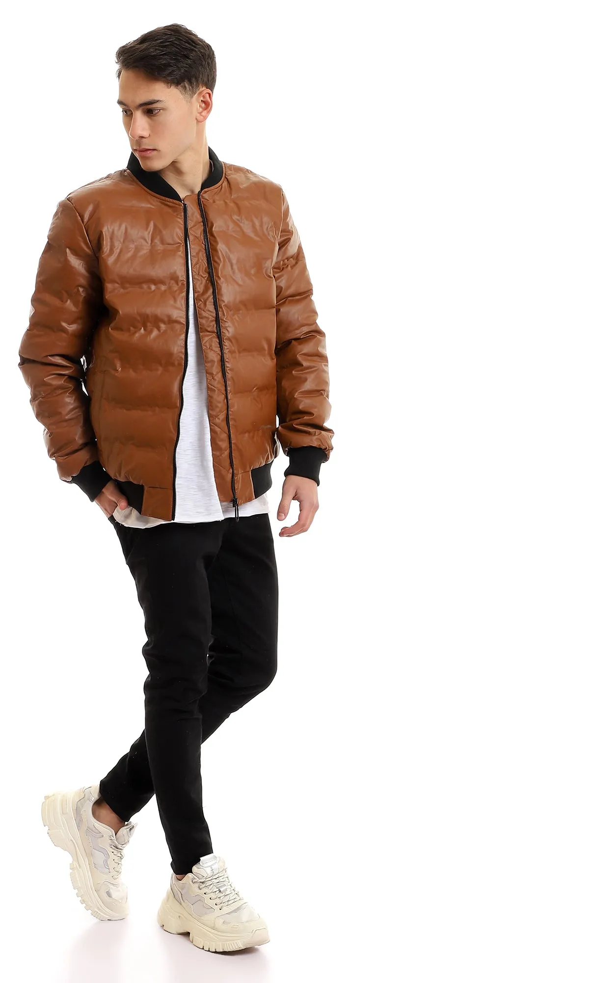 95840 Mandarin Collar Full Zipped Leather Havana Bomber Jacket