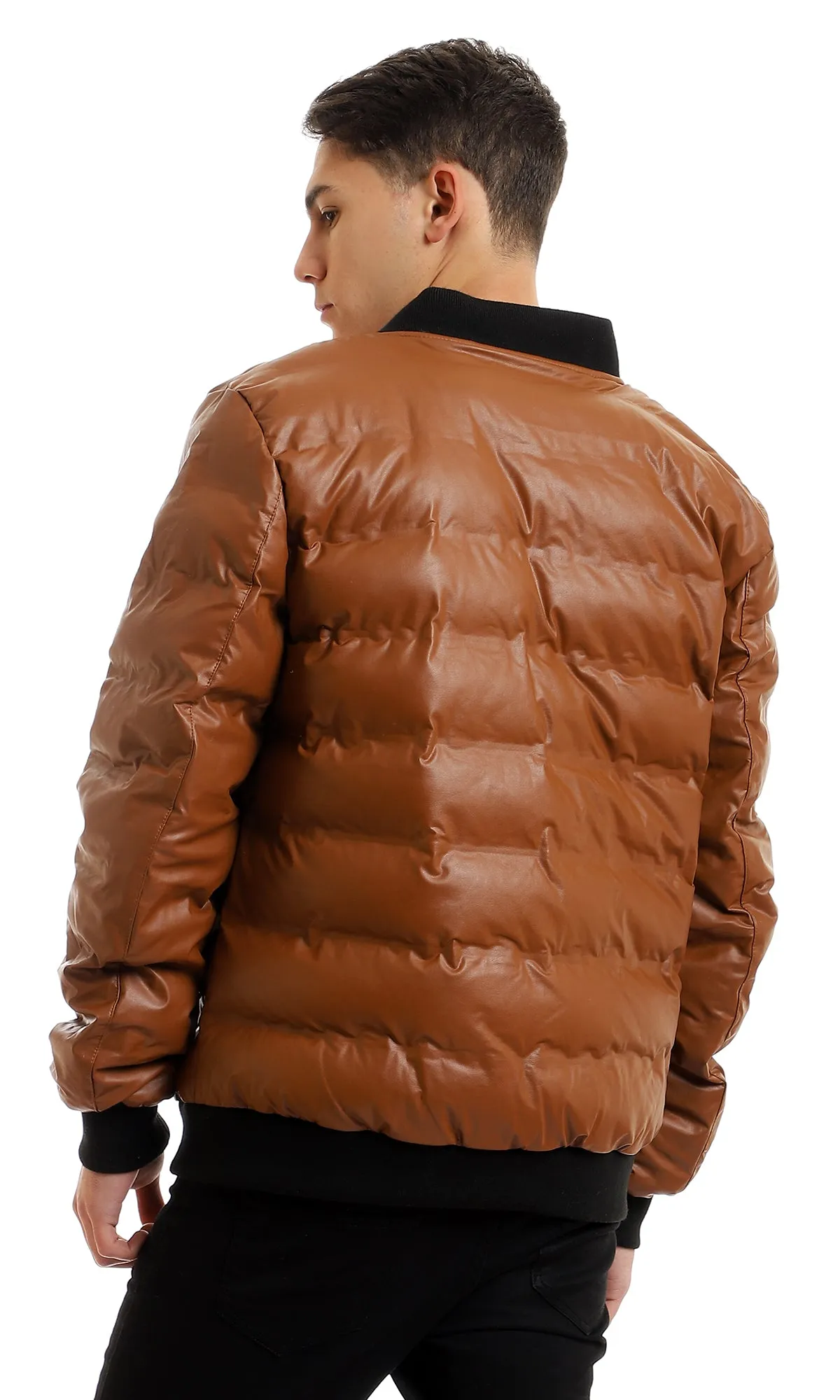 95840 Mandarin Collar Full Zipped Leather Havana Bomber Jacket