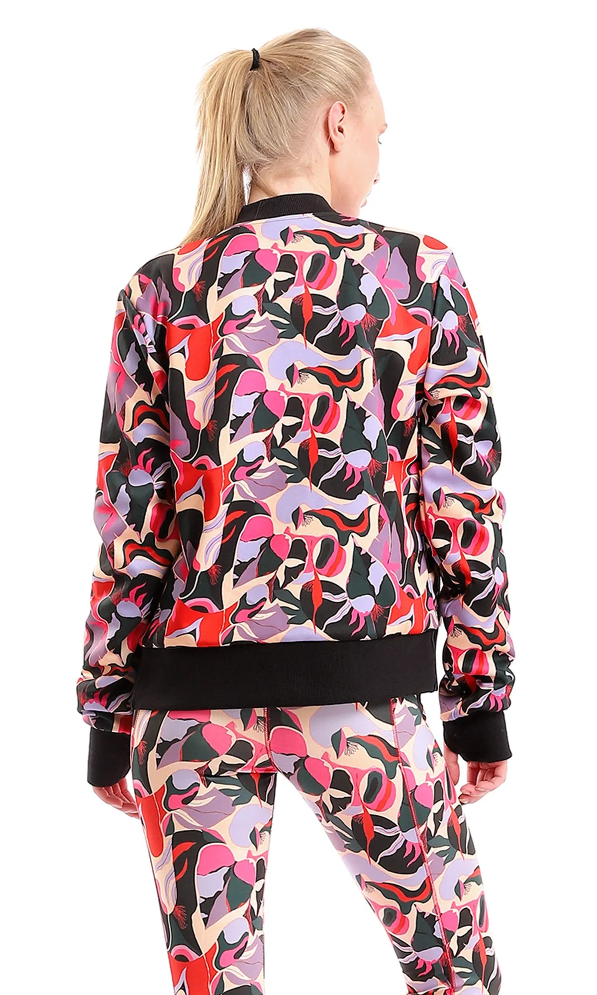 98077 Colorful Pattern Mandarin Collar Zipped Sweatshirt