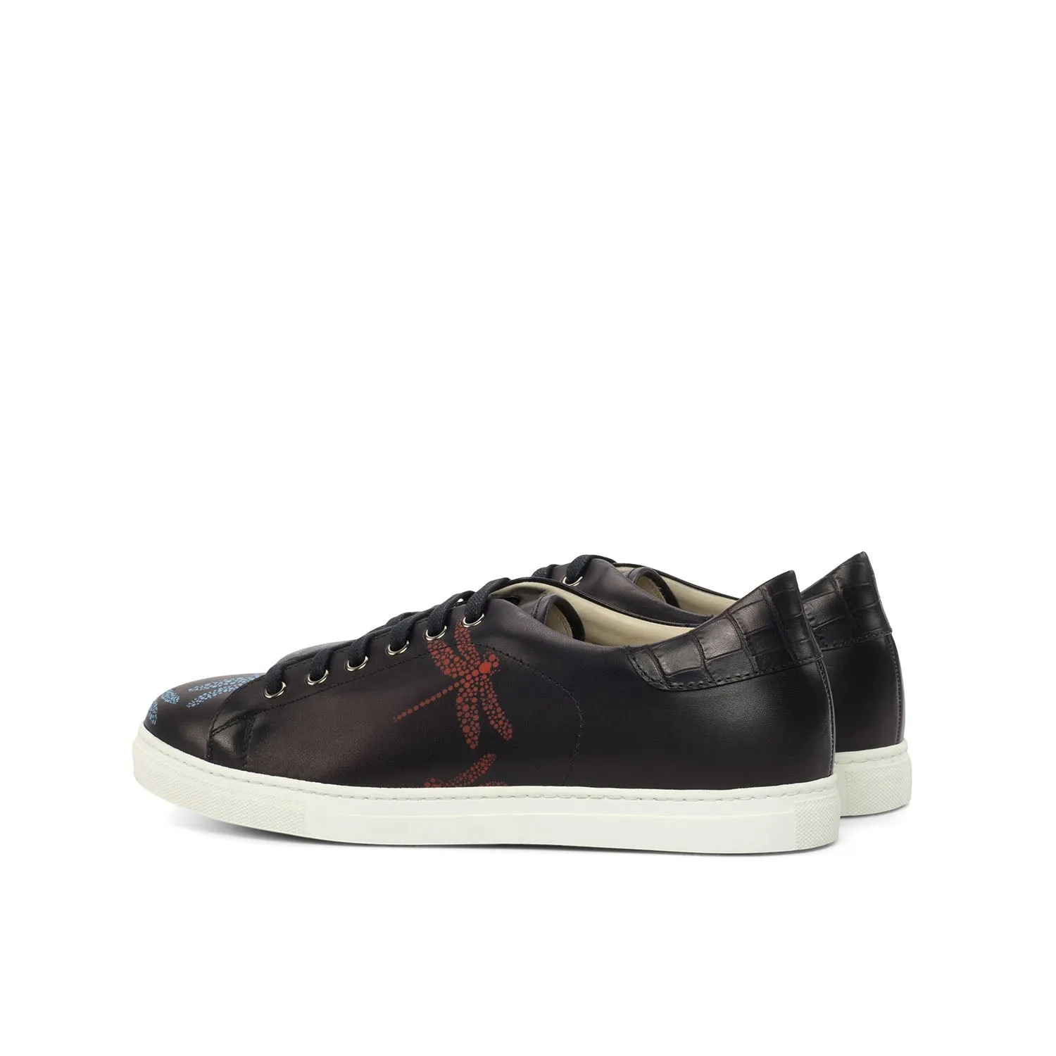 Ambrogio Bespoke Custom Men's Shoes Black Crocodile Print / Calf-Skin Leather Stencil Trainer Sneakers (AMB1990)