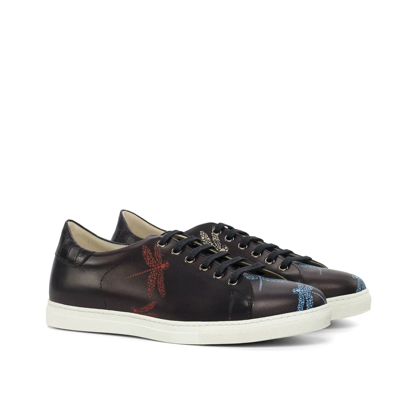 Ambrogio Bespoke Custom Men's Shoes Black Crocodile Print / Calf-Skin Leather Stencil Trainer Sneakers (AMB1990)