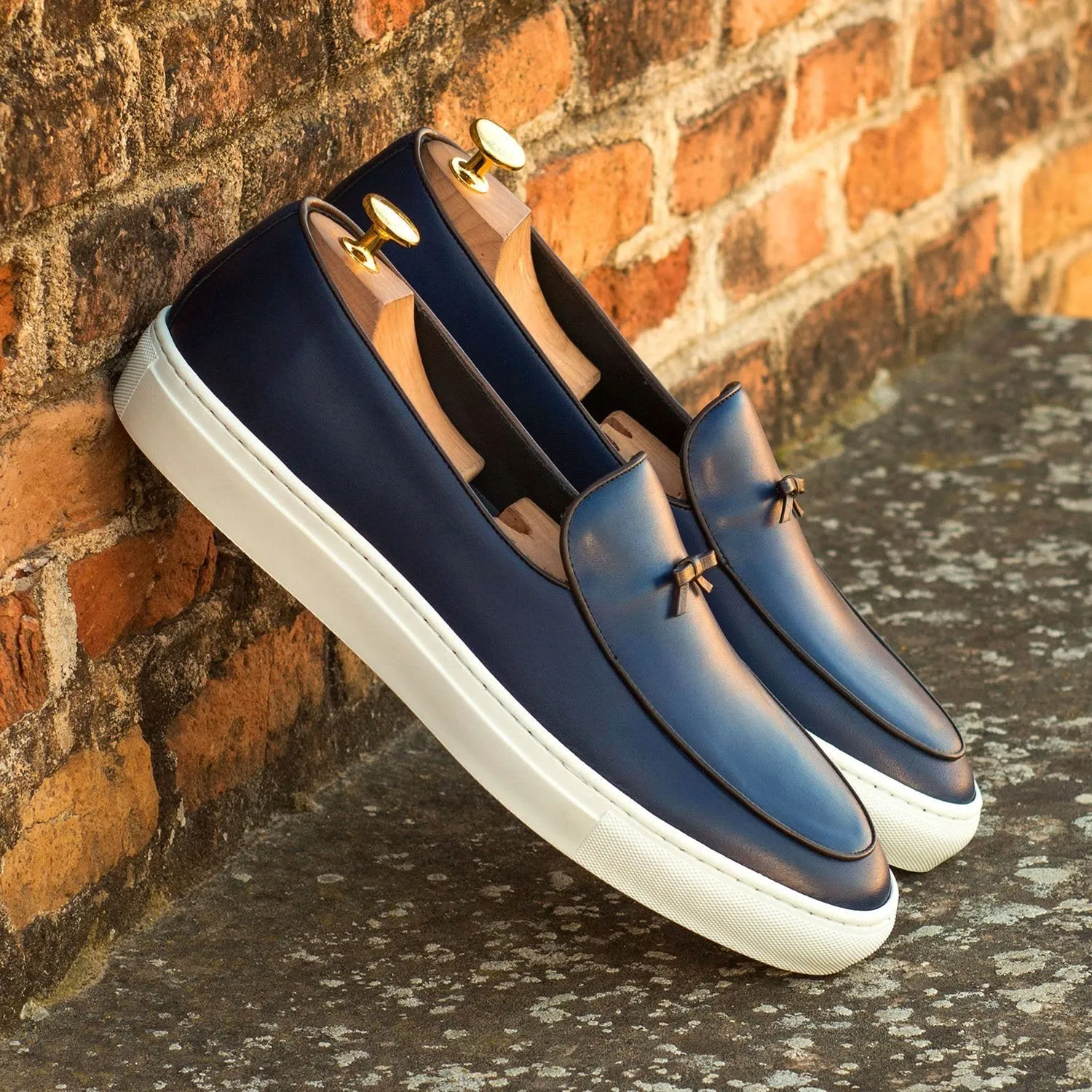 Ambrogio Bespoke Custom Men's Shoes Navy Calf-Skin Leather Belgian Slip-On Sneakers (AMB2138)