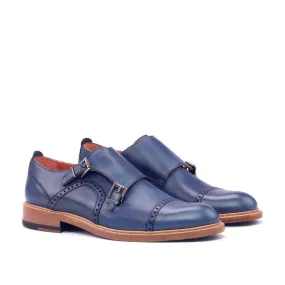 Ambrogio Bespoke Custom Women's Custom Made Shoes Navy Calf-Skin Leather Monk-Straps Loafers (AMBW1035)