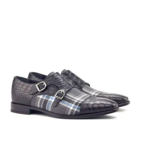 Ambrogio Bespoke Men's Handmade Custom Made Shoes Gray & Black Crocodile Print / Calf-Skin Leather Monk-Straps Loafers(AMB1268)