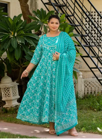 Anarkali Plus Size Turquoise Kurti Dupatta Set of 2