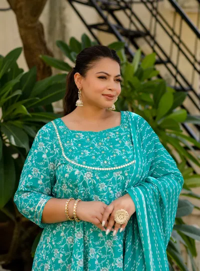 Anarkali Plus Size Turquoise Kurti Dupatta Set of 2