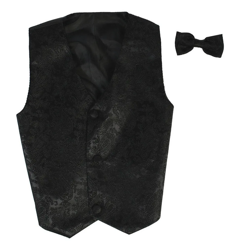 Baby Boys Black Paisley Poly Silk Vest Bowtie Special Occasion Set 3-24M