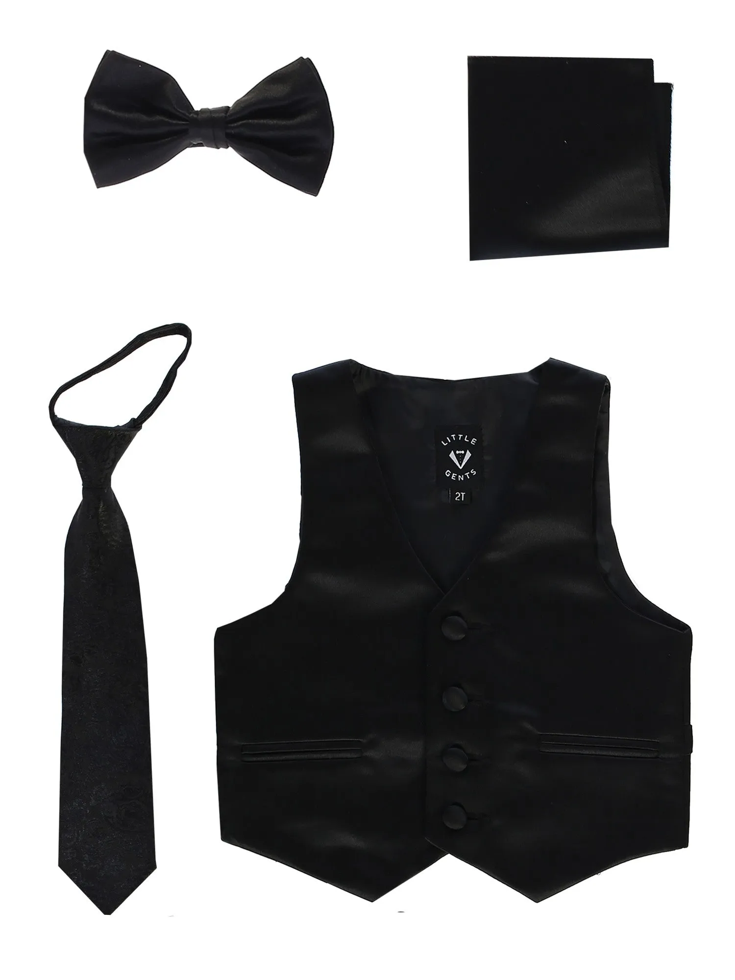 Baby Boys Black Satin Vest Zipper Tie Hanky Bowtie Clothing Set 3-24M