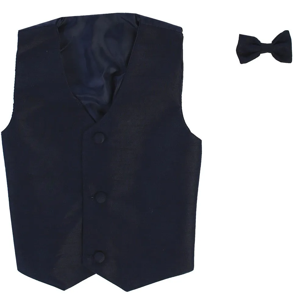 Baby Boys Navy Poly Silk Vest Bowtie Special Occasion Set 3-24M