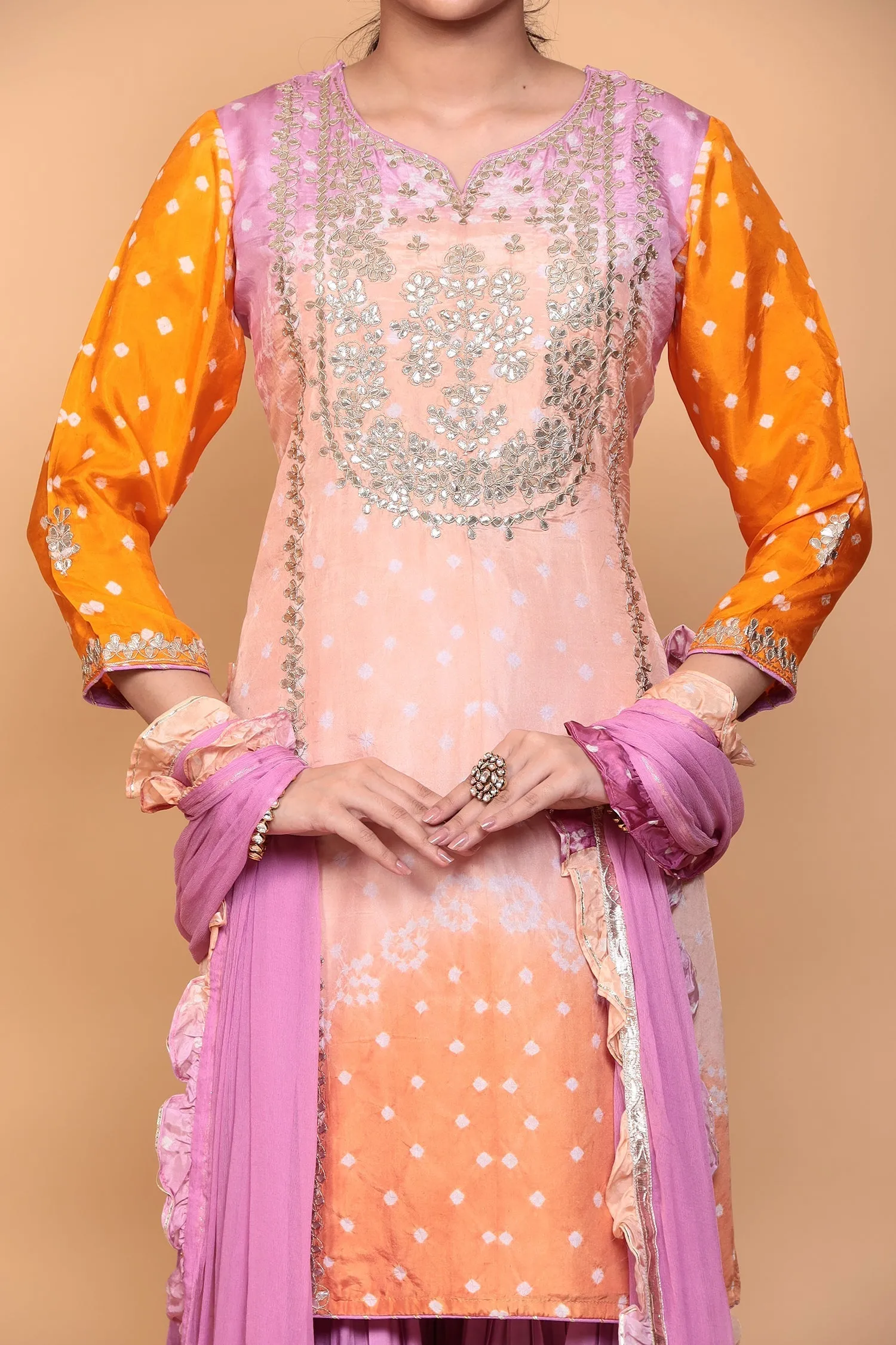 Bandhej Silk Suit with Dori, Gota Patti work.