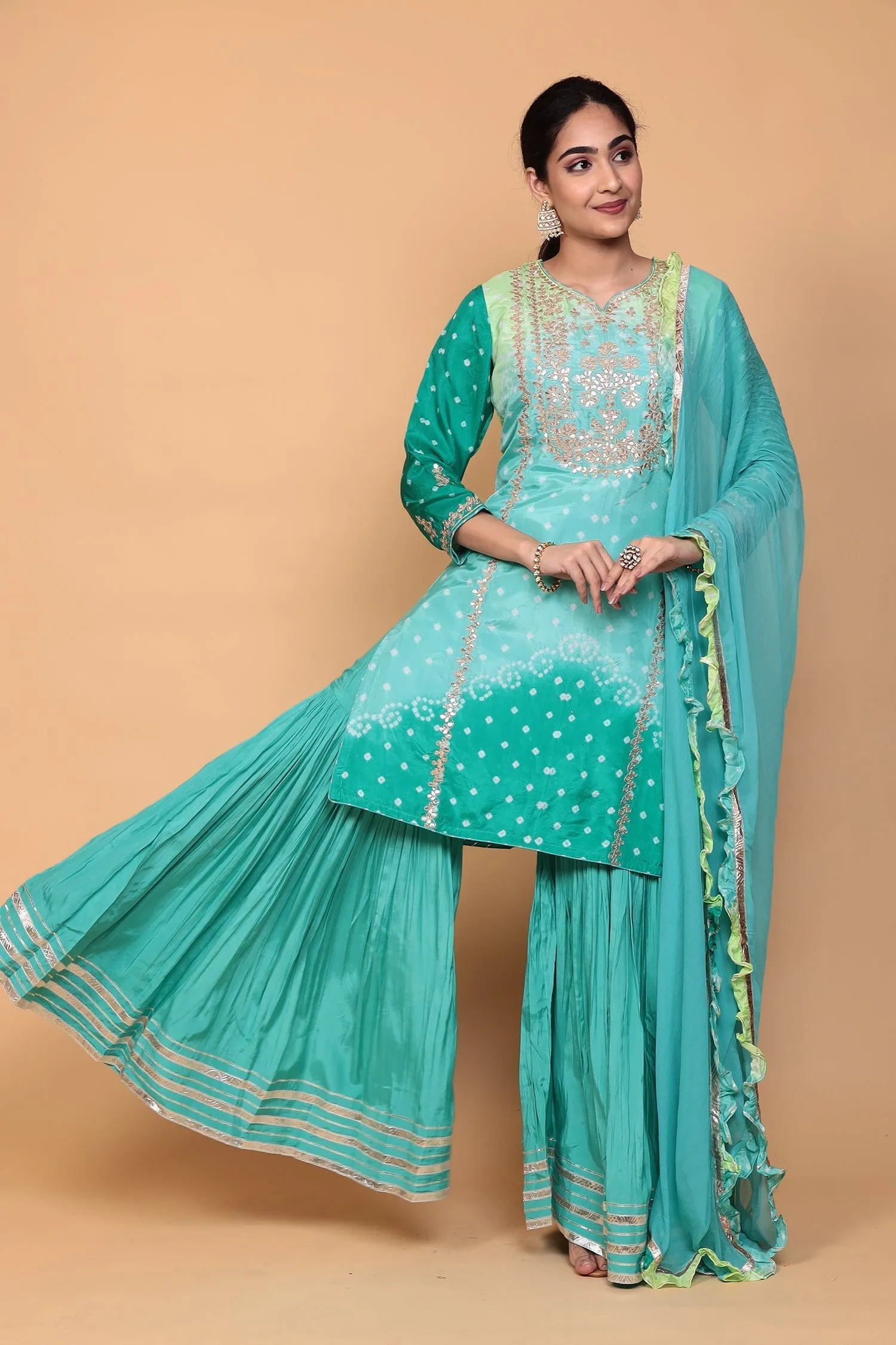 Bandhej Silk Suit with Dori, Gota Patti work.