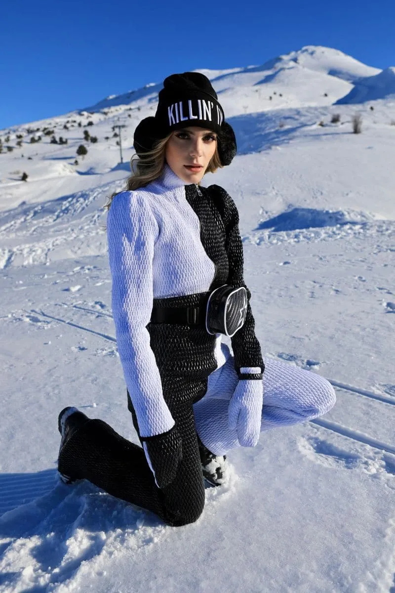 BLACK AND WHITE CONTRAST ONE-PIECE SKI SUIT