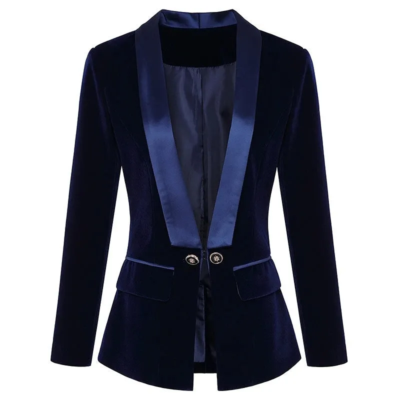 BONSIR  -  Dark Blue Black Blazer Women Spring Autumn Long Sleeve Velvet Coats Shawl Collar Single Button Blazers Women Jacket Coat Female