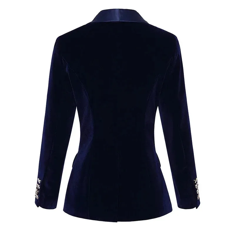 BONSIR  -  Dark Blue Black Blazer Women Spring Autumn Long Sleeve Velvet Coats Shawl Collar Single Button Blazers Women Jacket Coat Female