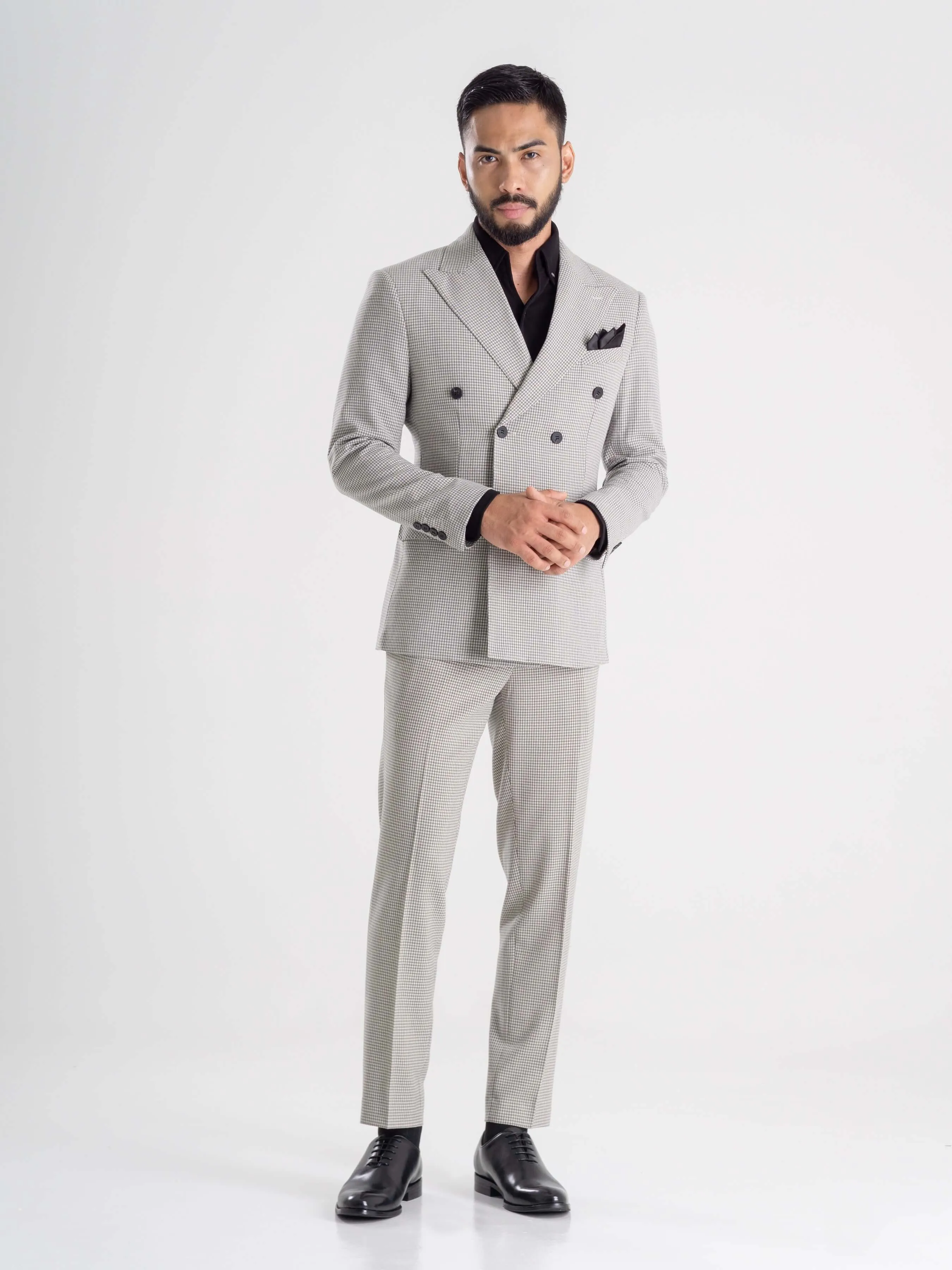 Double Breasted Suit Blazer - Ash Grey Plaid (Peak Lapel)