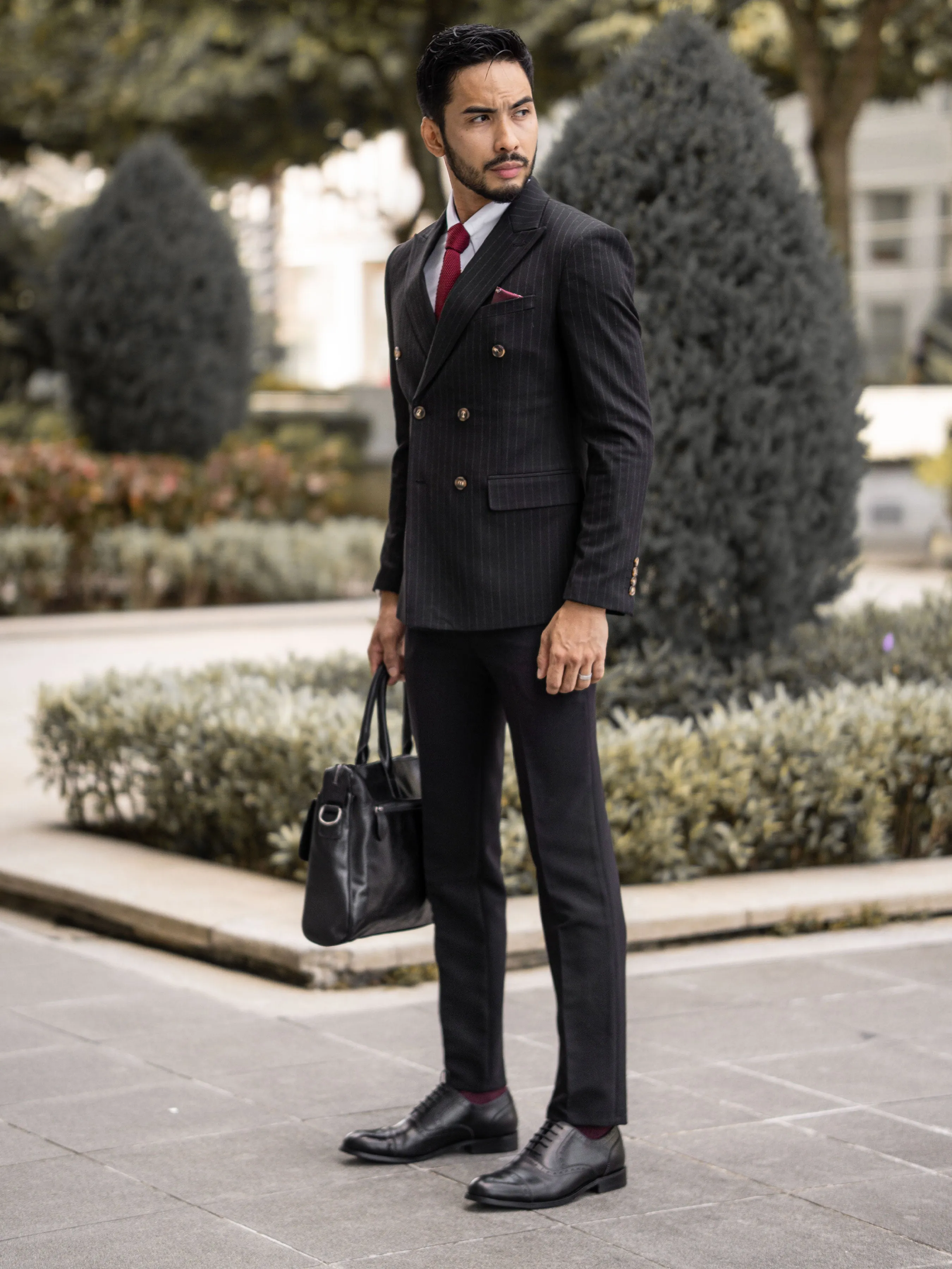 Double Breasted Suit Blazer - Black Pinstripes (Peak Lapel)