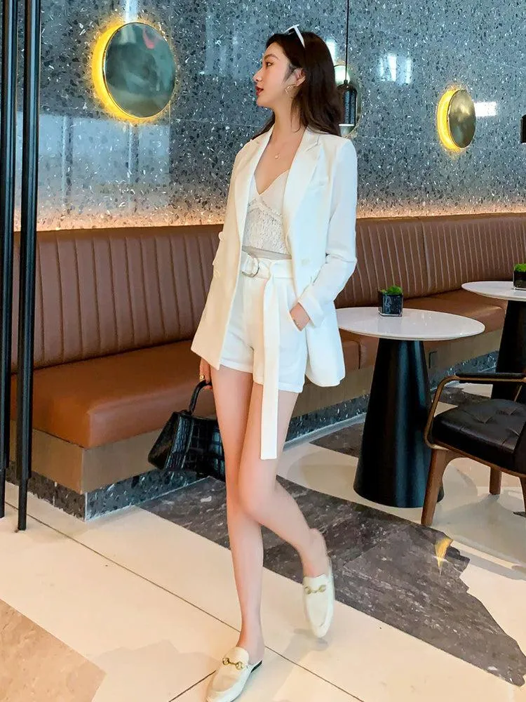 Double Breasted White Blazer & Shorts Suit Set