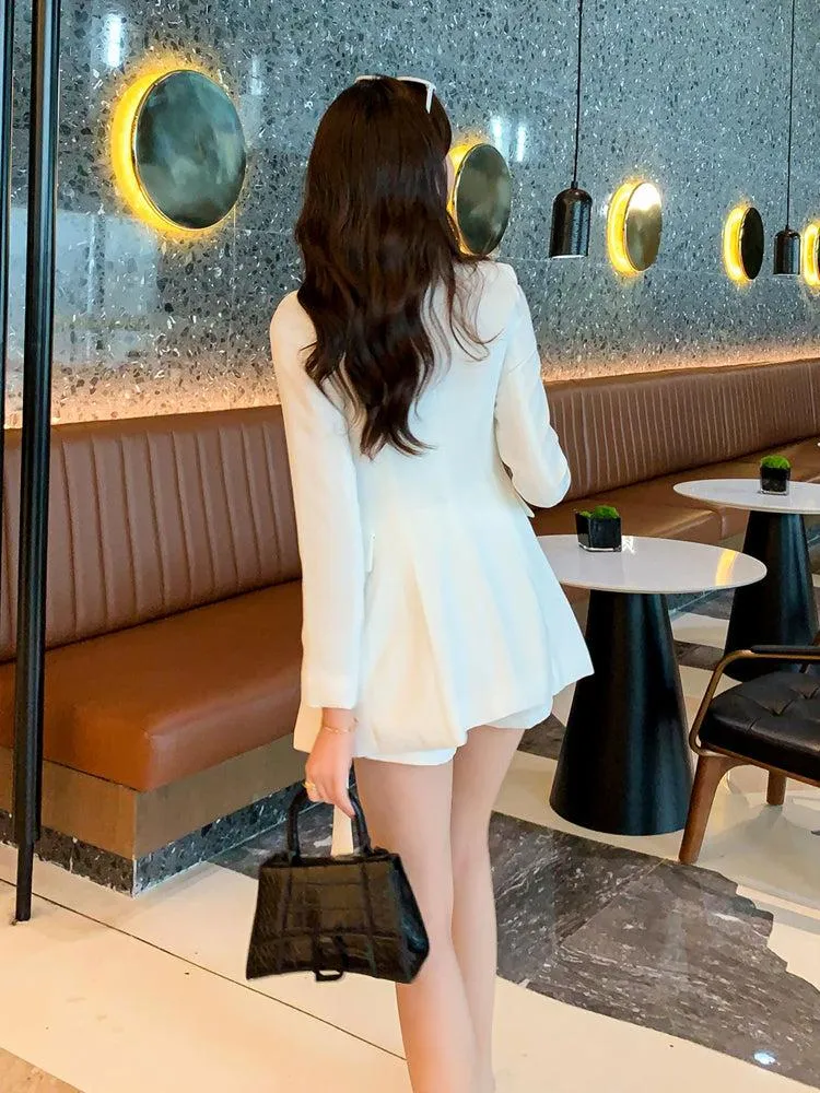 Double Breasted White Blazer & Shorts Suit Set