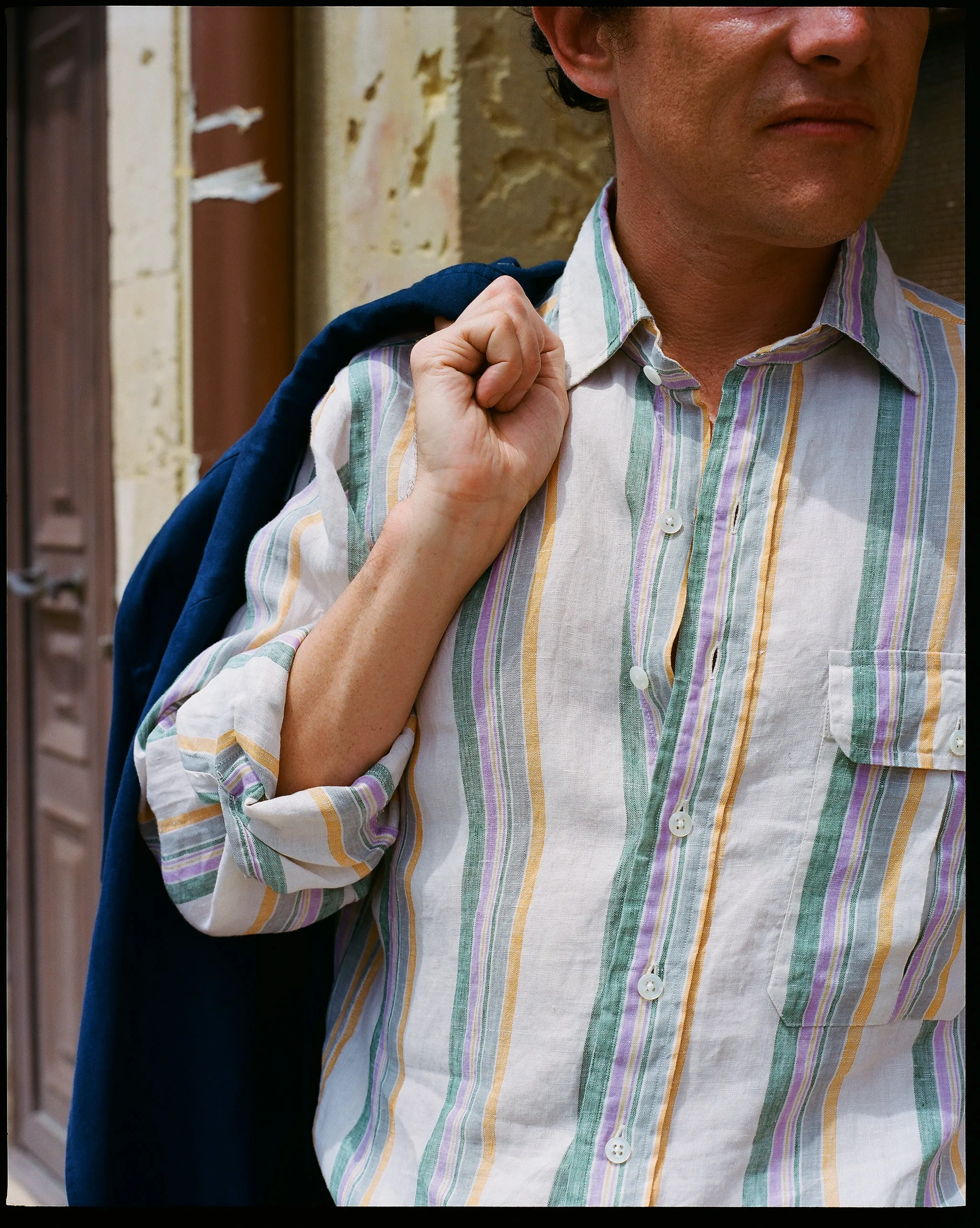 Ecru, Green and Purple Track Stripe Linen Spread Collar Shirt