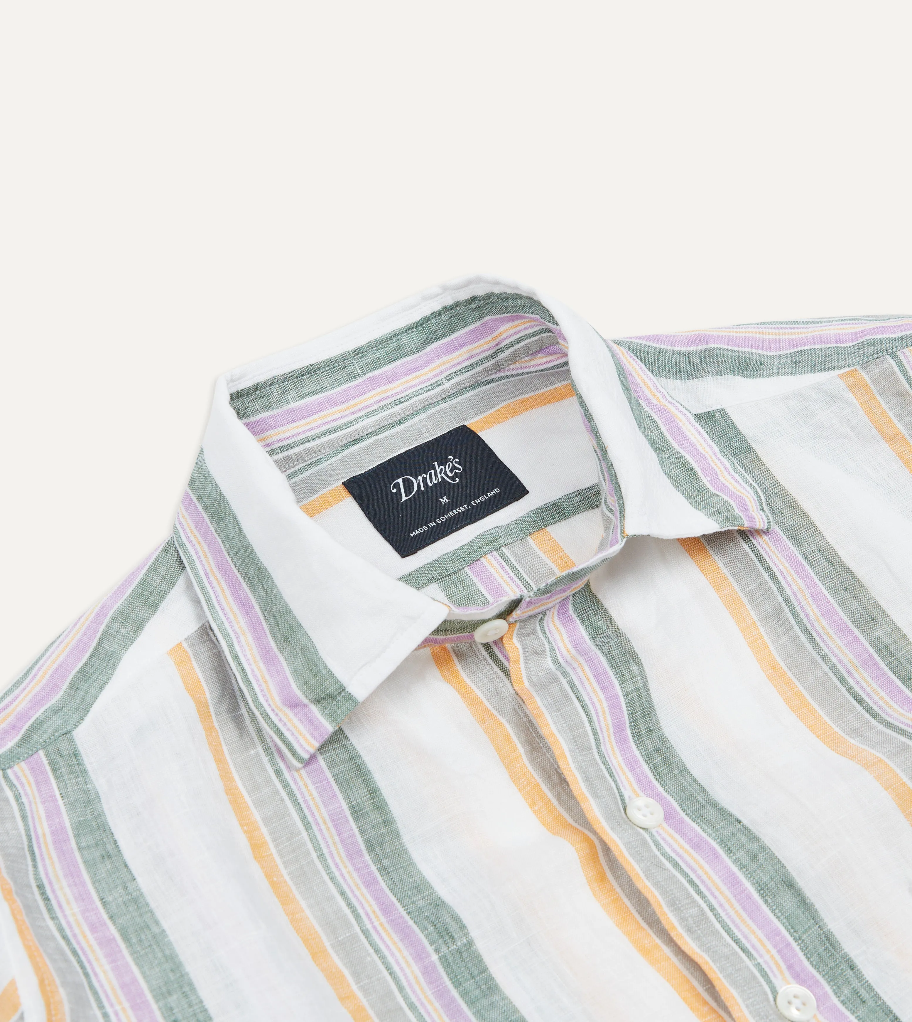 Ecru, Green and Purple Track Stripe Linen Spread Collar Shirt