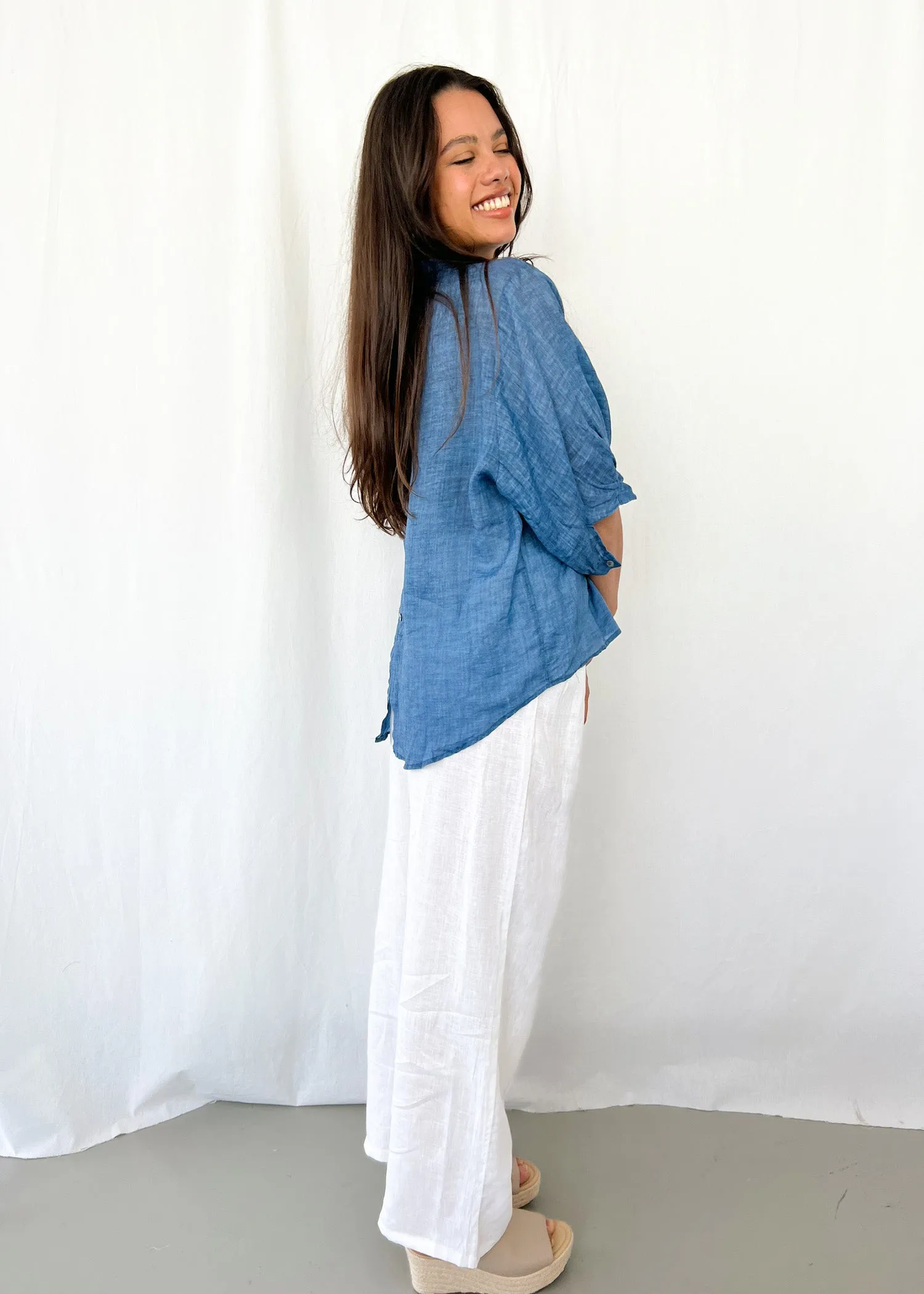 Elena Deep Blue Linen Blouse