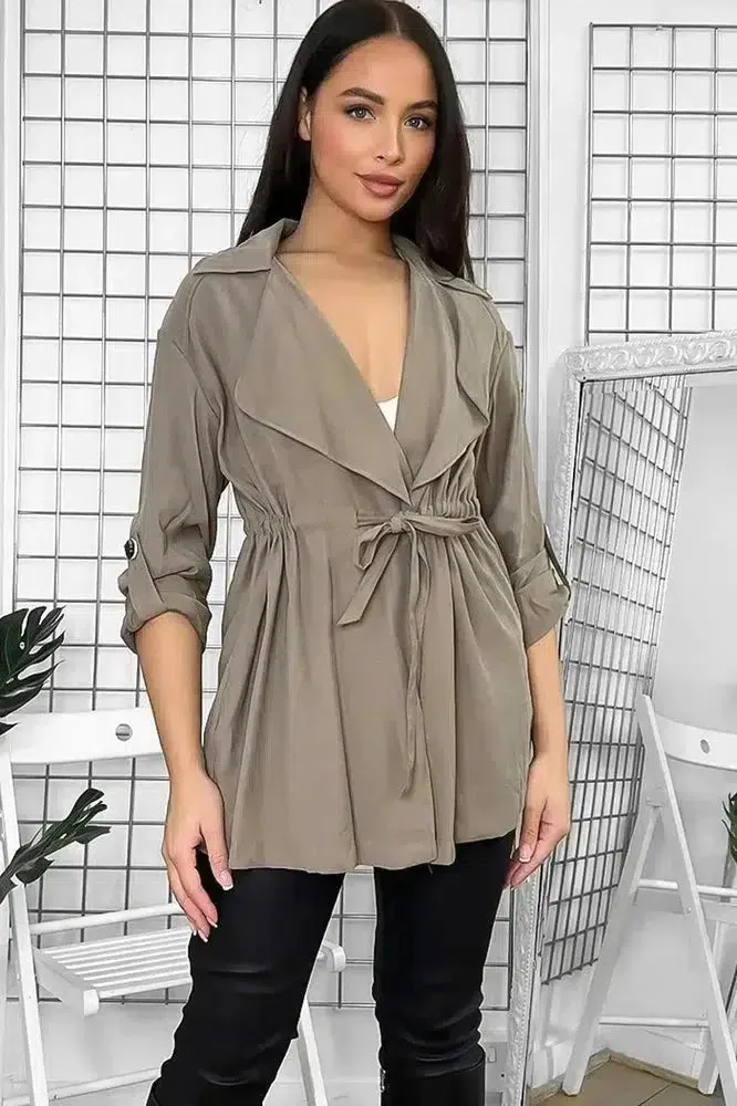 Khaki Drawstring Waist Open Front Duster Blazer