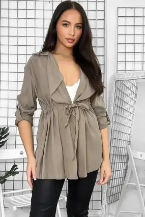 Khaki Drawstring Waist Open Front Duster Blazer