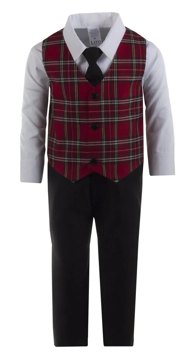 Kids Black Pant Set with Red Plaid Holiday Vest Set