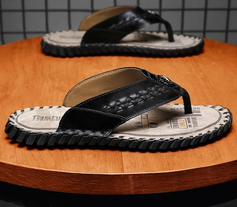 Luxury Men Slippers Genuine Leather Fashion Designer Casual Flip flop Outdoor Indoor Home Men Shoes