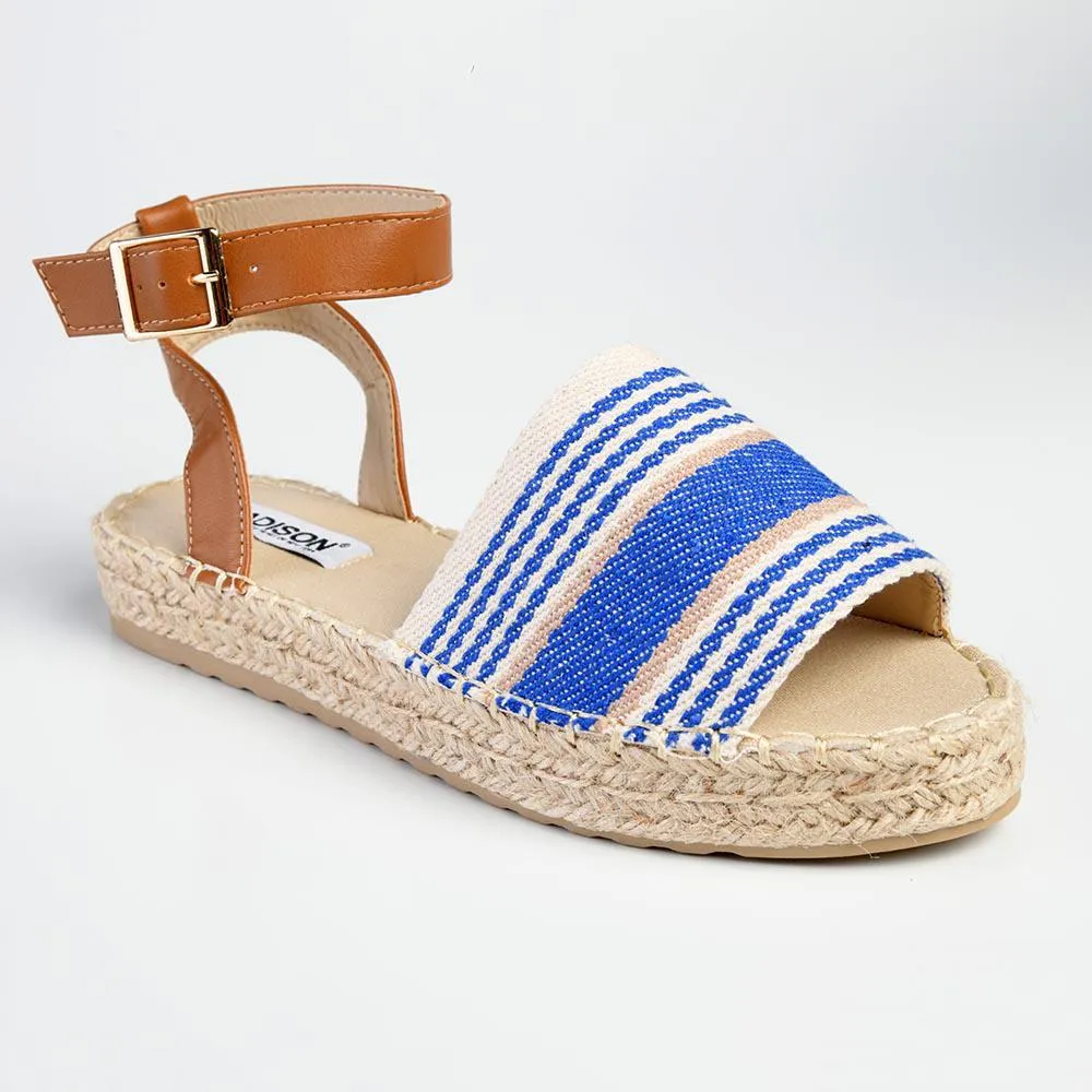 Madison Nautical Stripped Peep Toe Espadrille - Beige/Blue