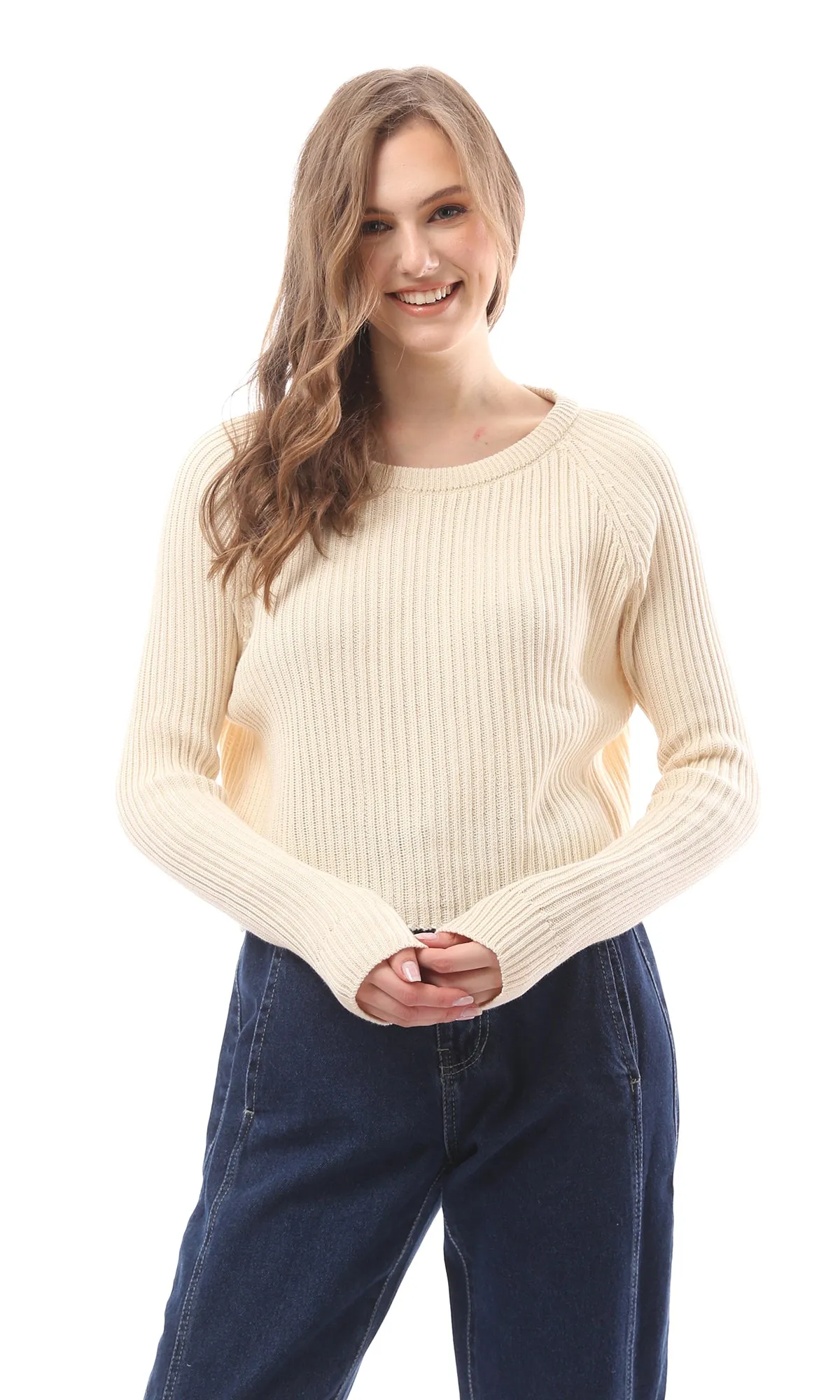 O171118 Wide Crew Neck Pastel Yellow Ribbed Pullover