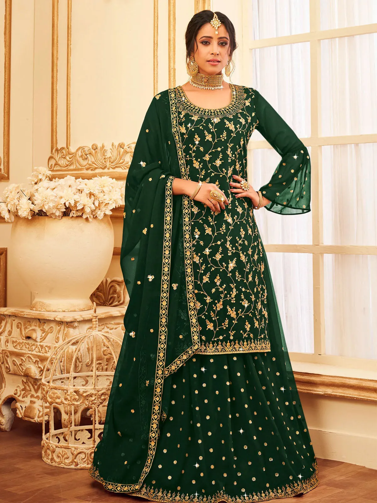 Odette Women Dark Green Faux Georgette With Glitter Sequence Work Semi Stitched Sharara Suit