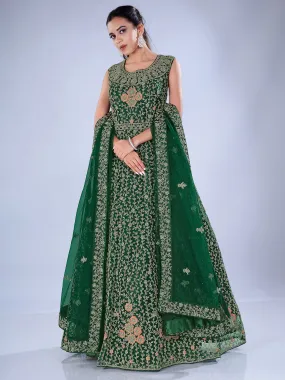 Odette Women Dark Green Net Embroidered Stitched Gown