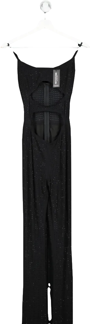 PrettyLittleThing Black Dimante Hot Fix Cut Out Mesh Jump Suit UK 6