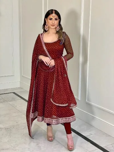 Red Georgette Polka Dot Anarkali Kurti with Dupatta