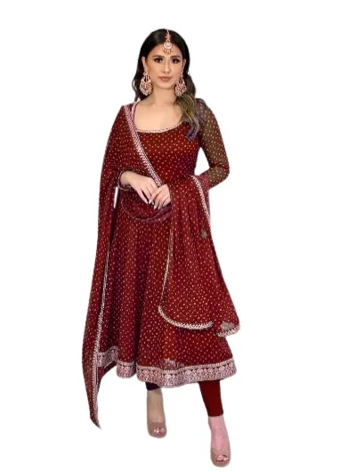 Red Georgette Polka Dot Anarkali Kurti with Dupatta