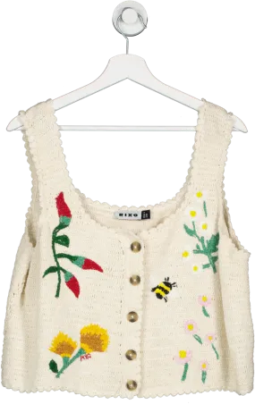 Rixo Cream Embroidered Button Up Vest UK 16