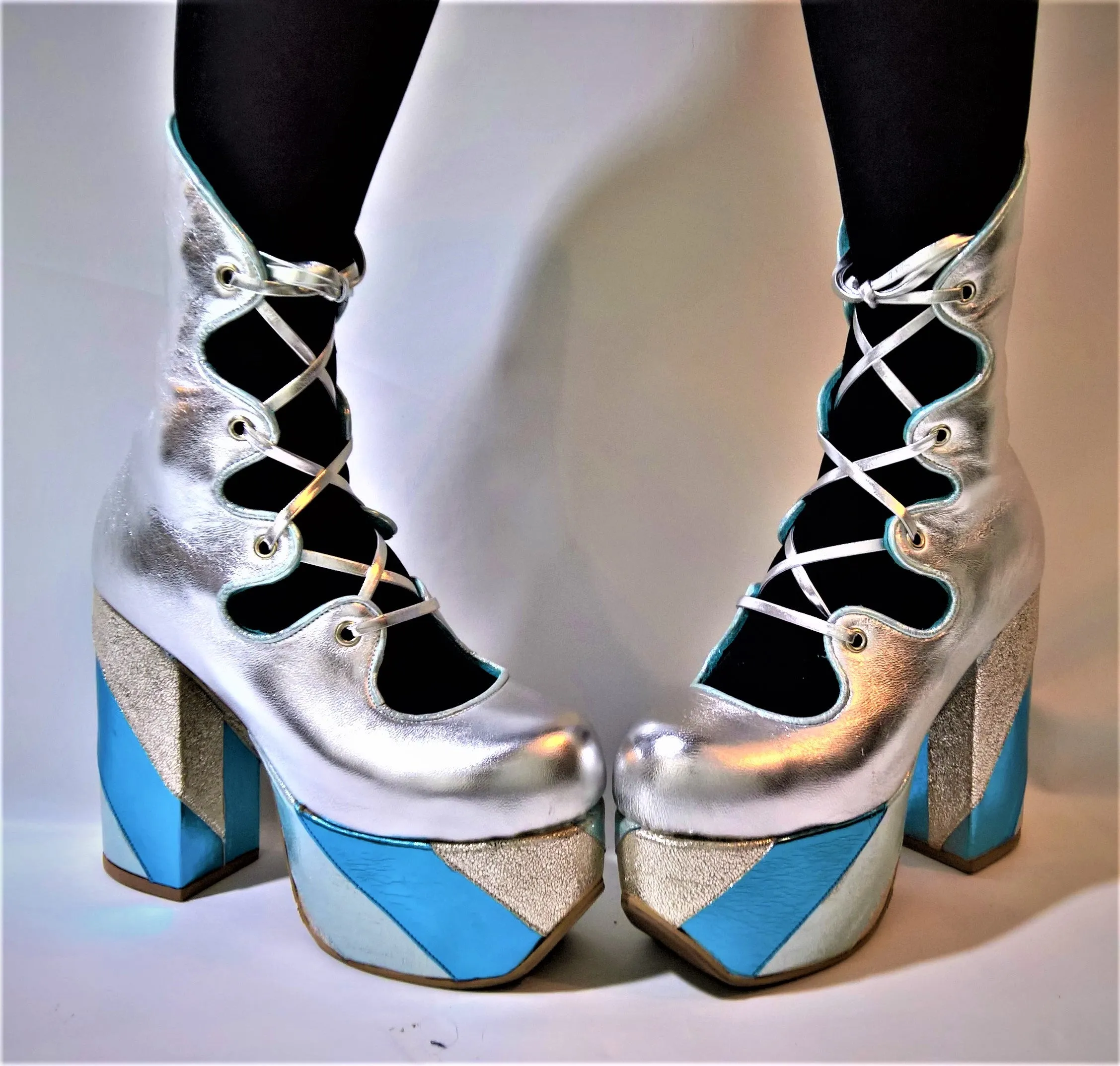 Silver/Blue GLAM Striped Platform Boots