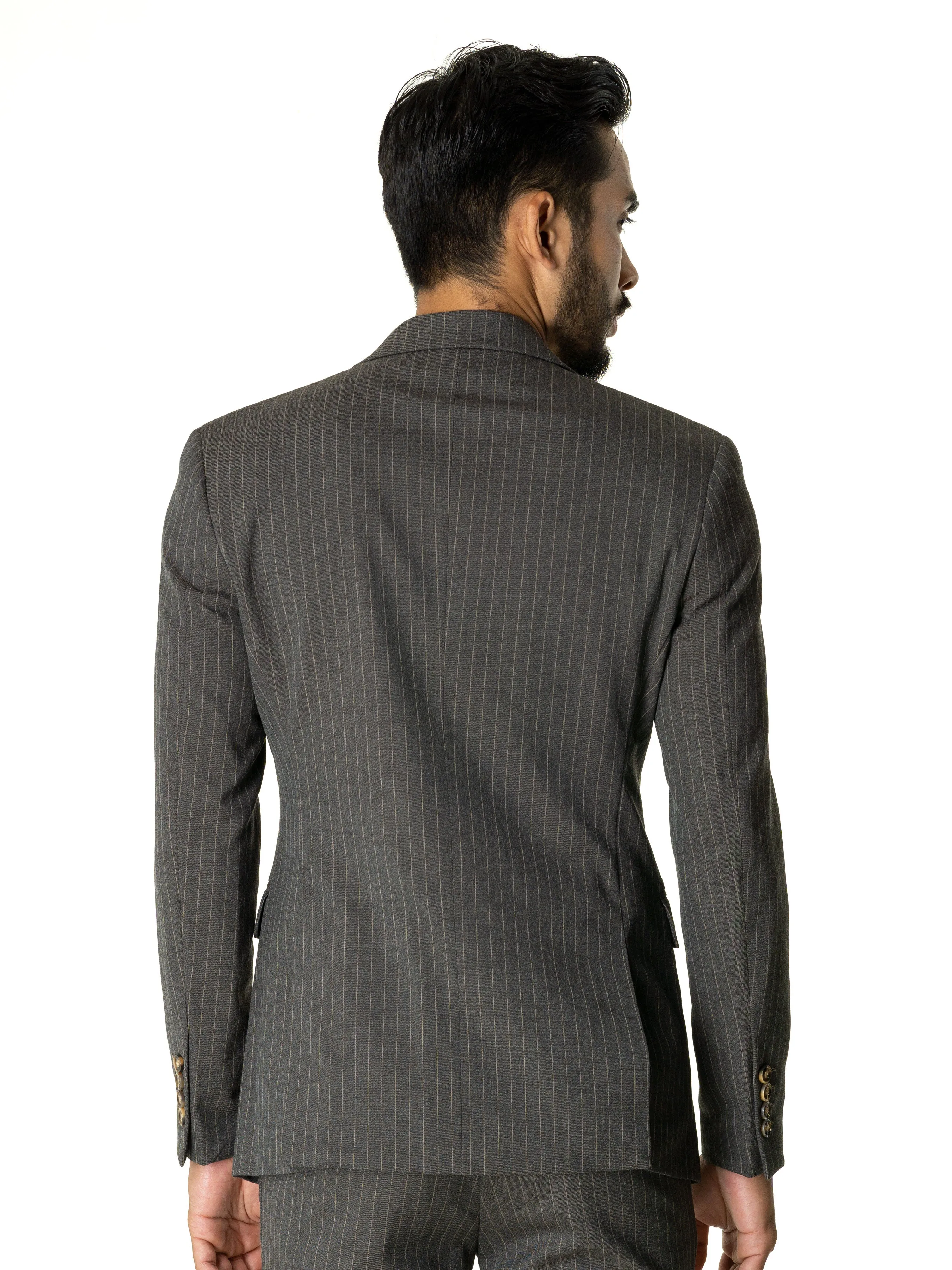 Single Breasted Suit Blazer - Dark Grey with Brown Pinstripes (Peak Lapel)