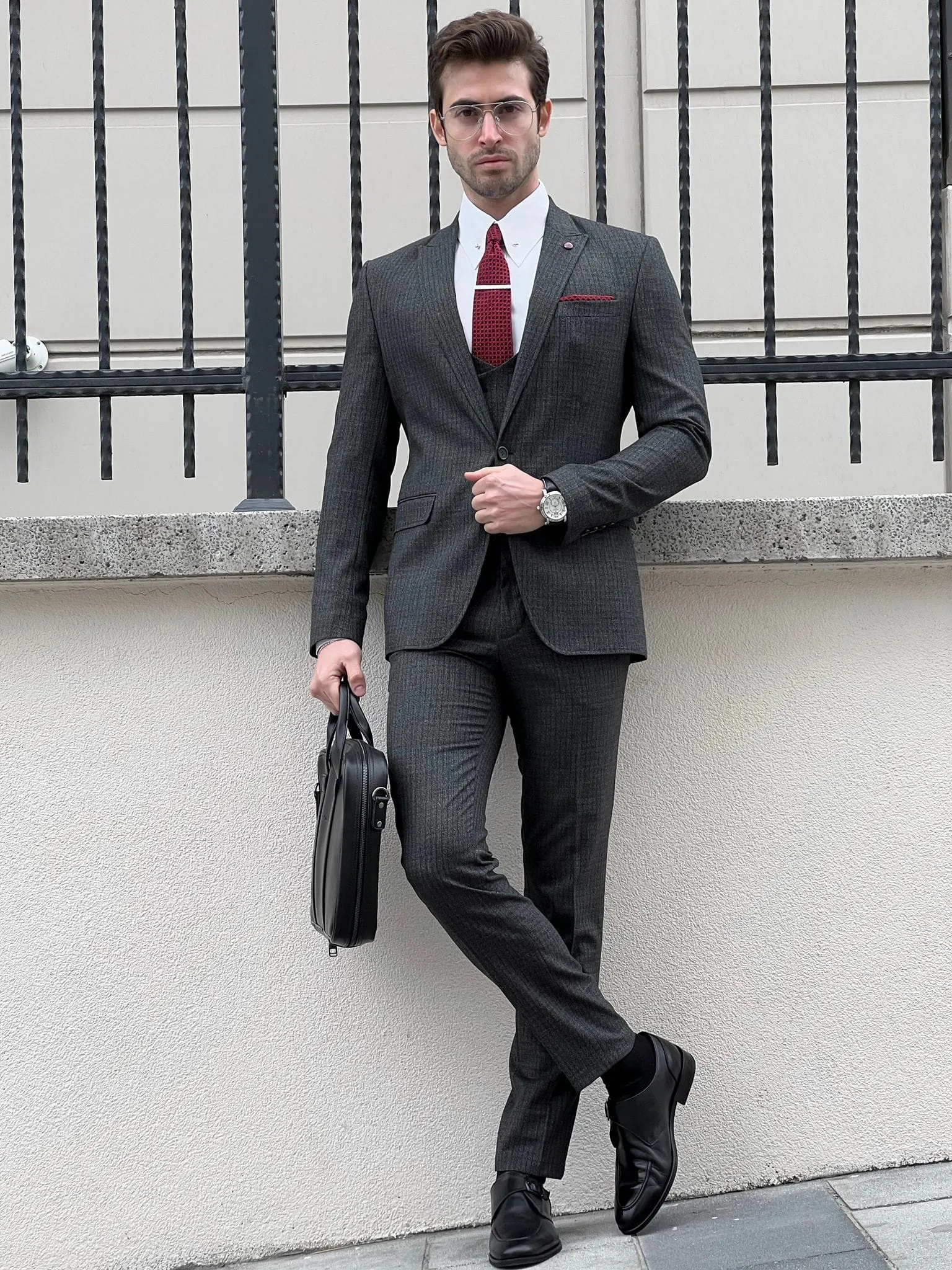 Slim Fit Pointed Collar Vest Anthracite Suit