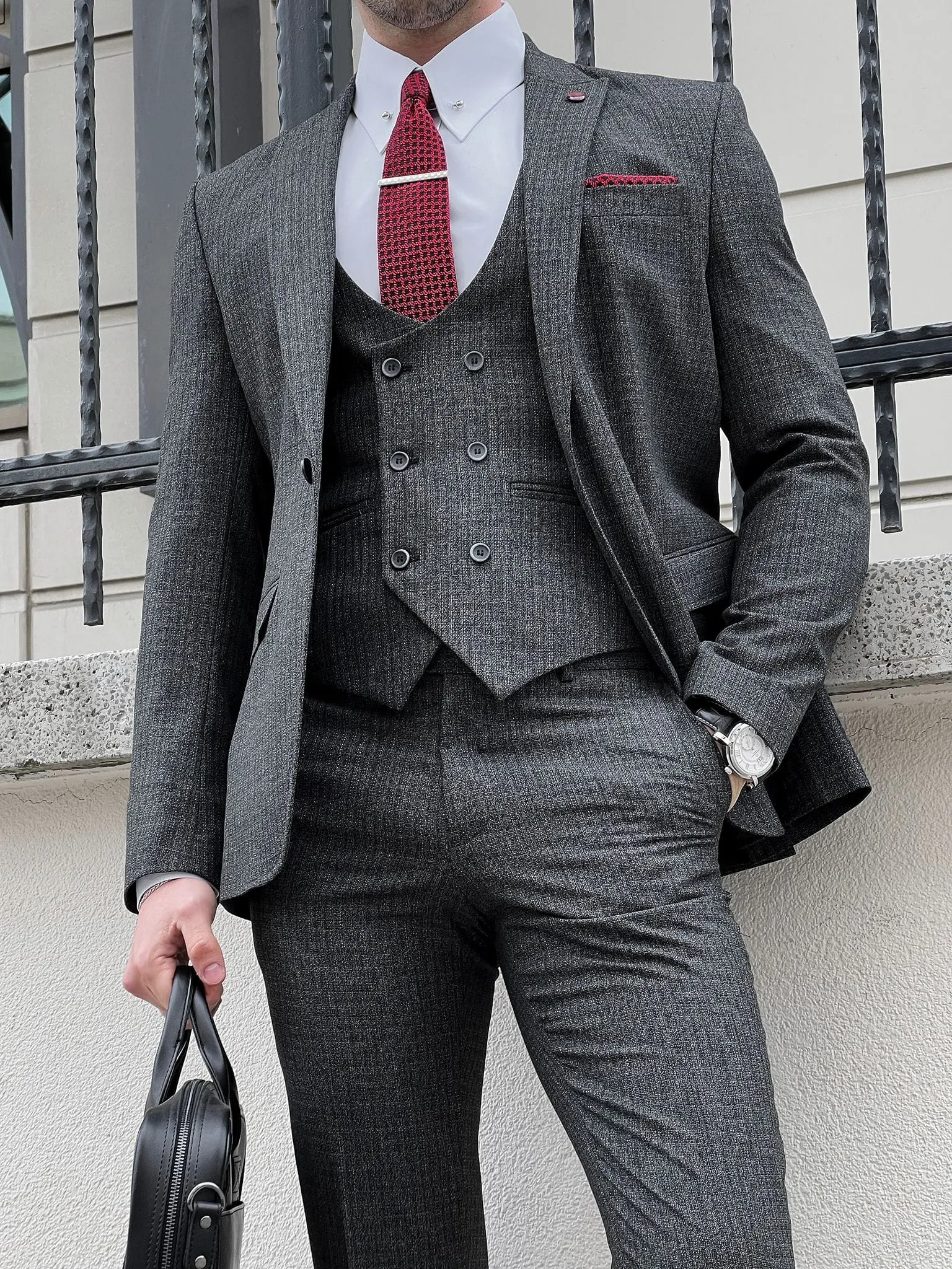 Slim Fit Pointed Collar Vest Anthracite Suit