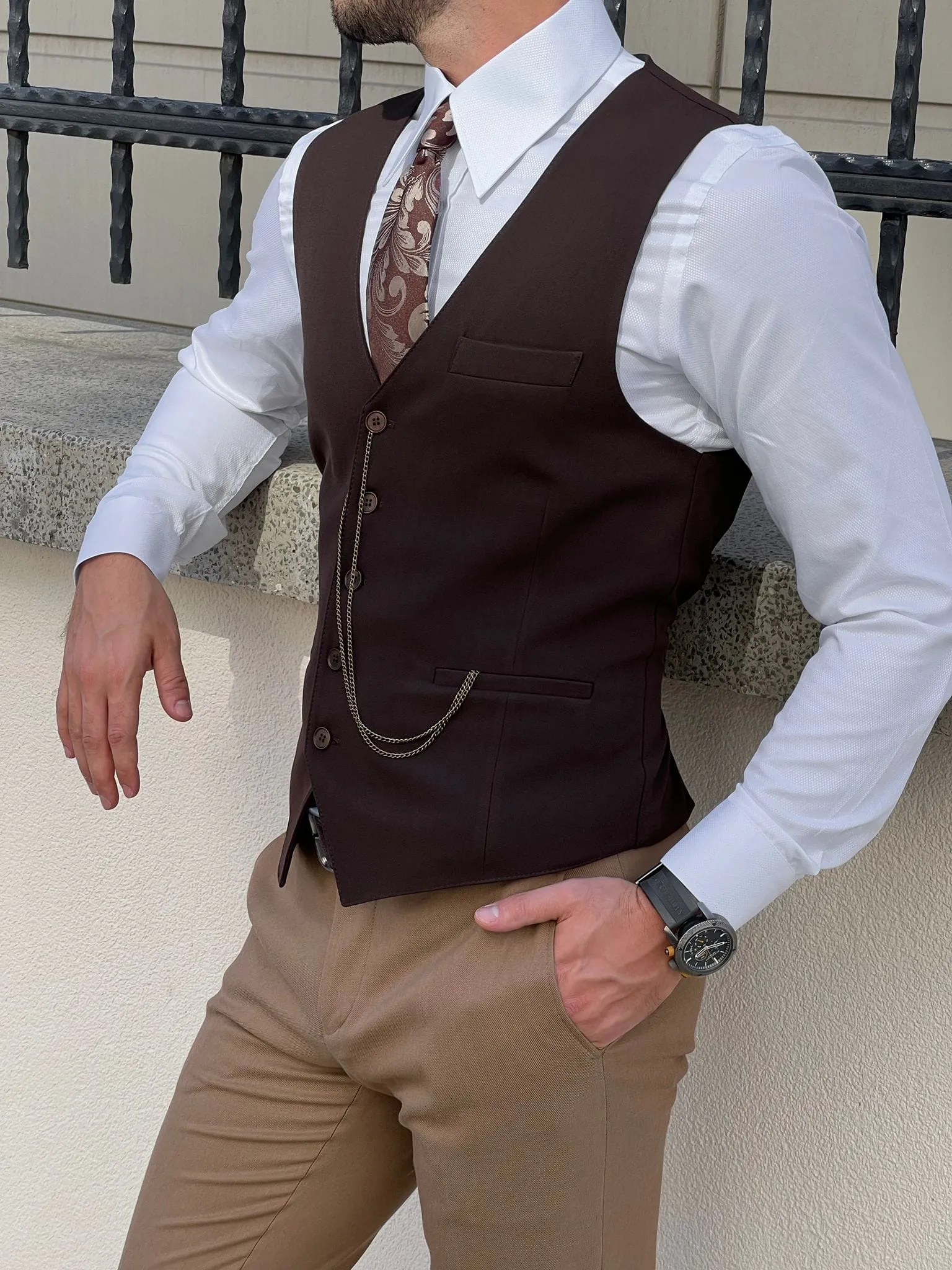 Slim-fit Wool Brown Men’s Waistcoat