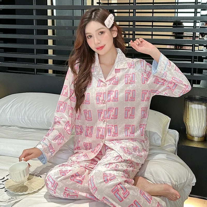 Spring Autumn Winter Women's Gold Velvet Pajamas Two-Piece Suit 2XL S5061351