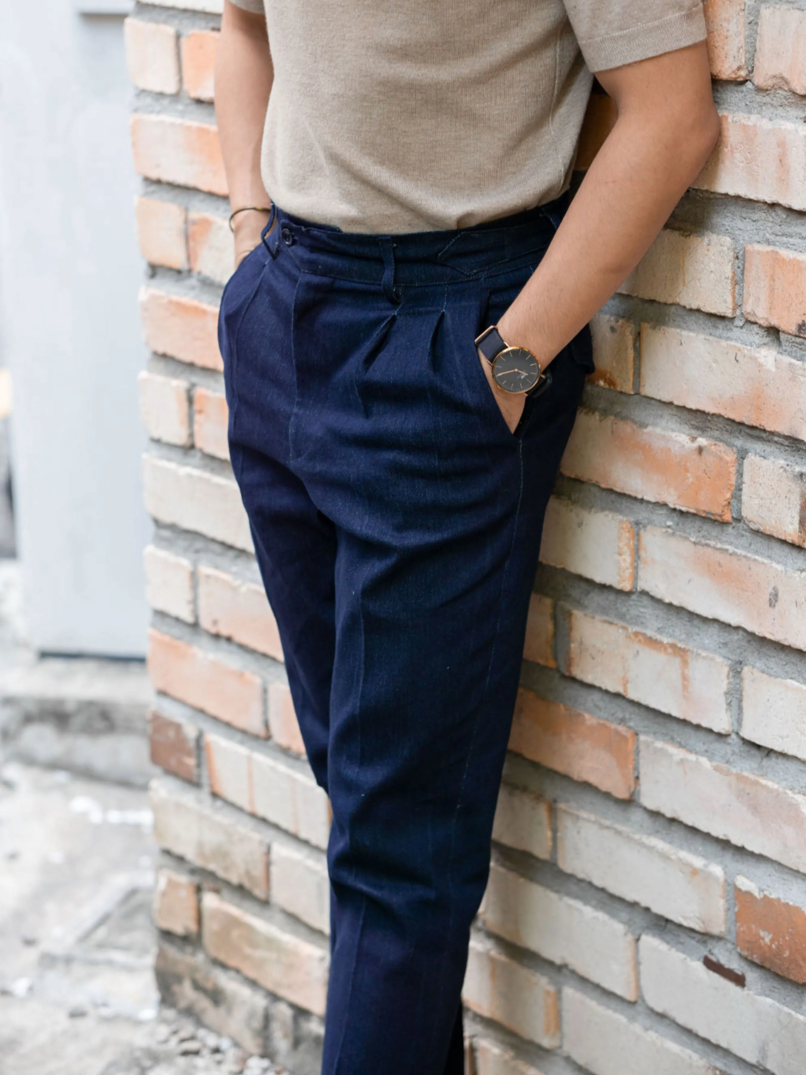 Trousers Belt Loop With Side Adjusters - Denim Dark Blue Cuffed (Stretchable)