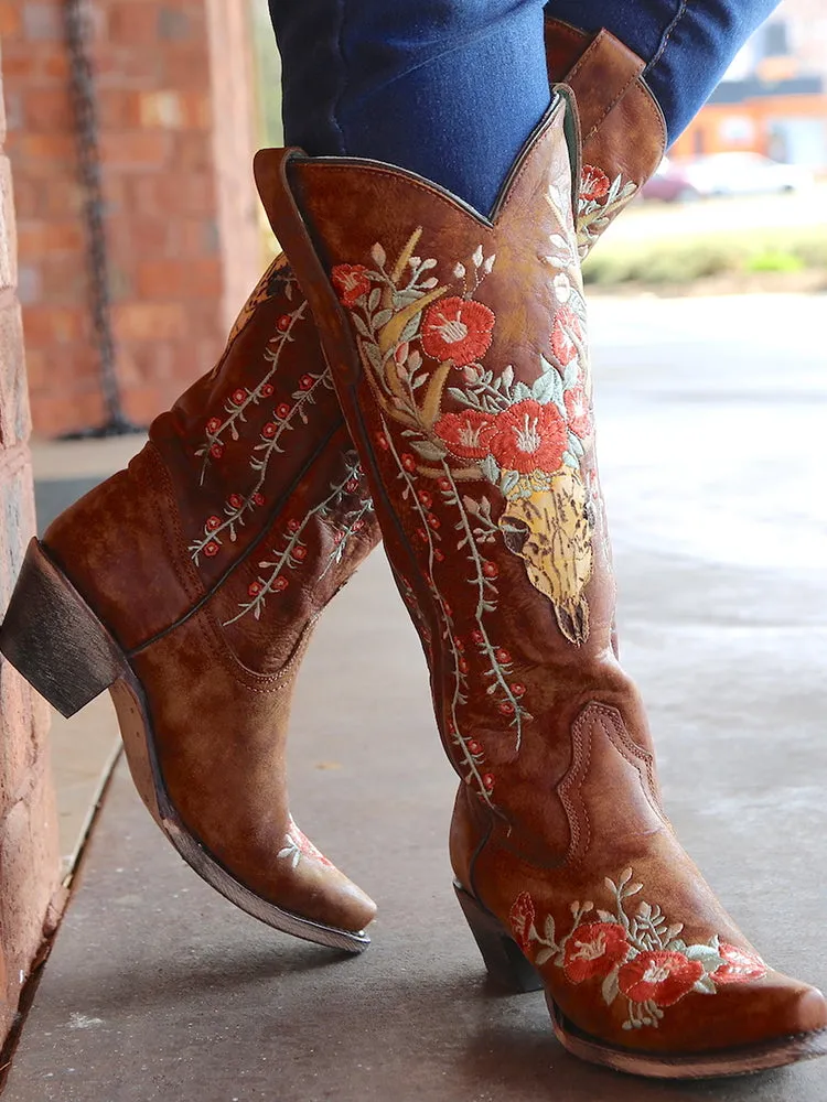 Western Cowgirl Embroidery Boots Pointed Toe Chunky Heel Western Mid Calf Boots