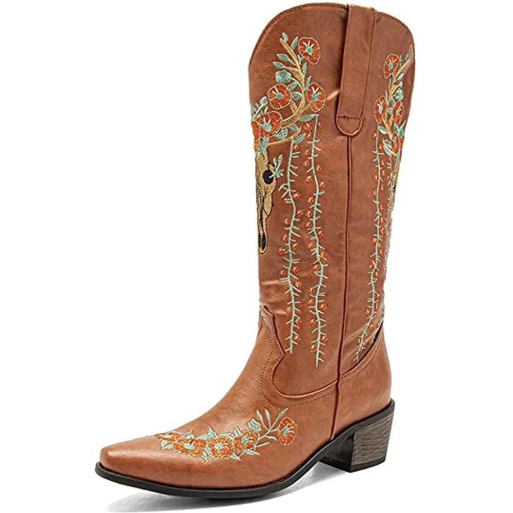 Western Cowgirl Embroidery Boots Pointed Toe Chunky Heel Western Mid Calf Boots