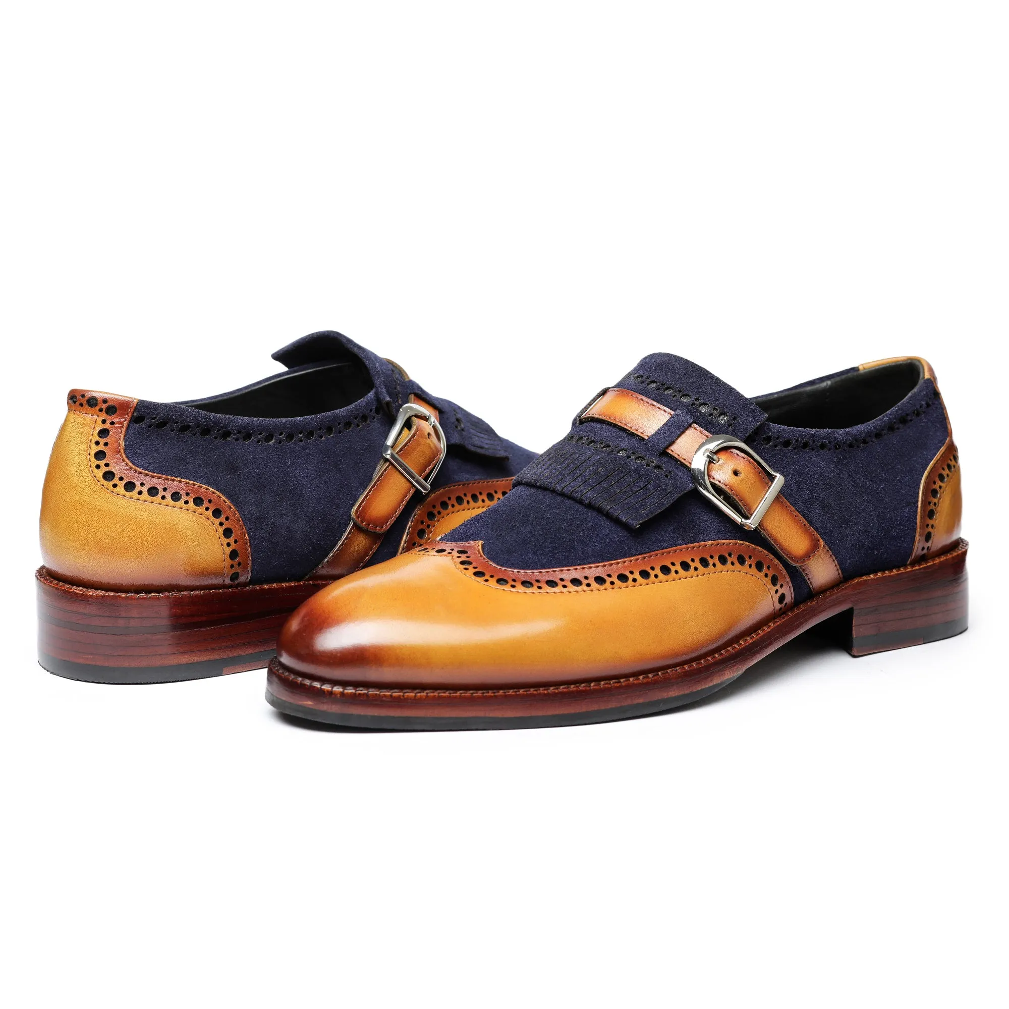 Wingtip Brogue Kiltie Monk Strap - Navy Suede