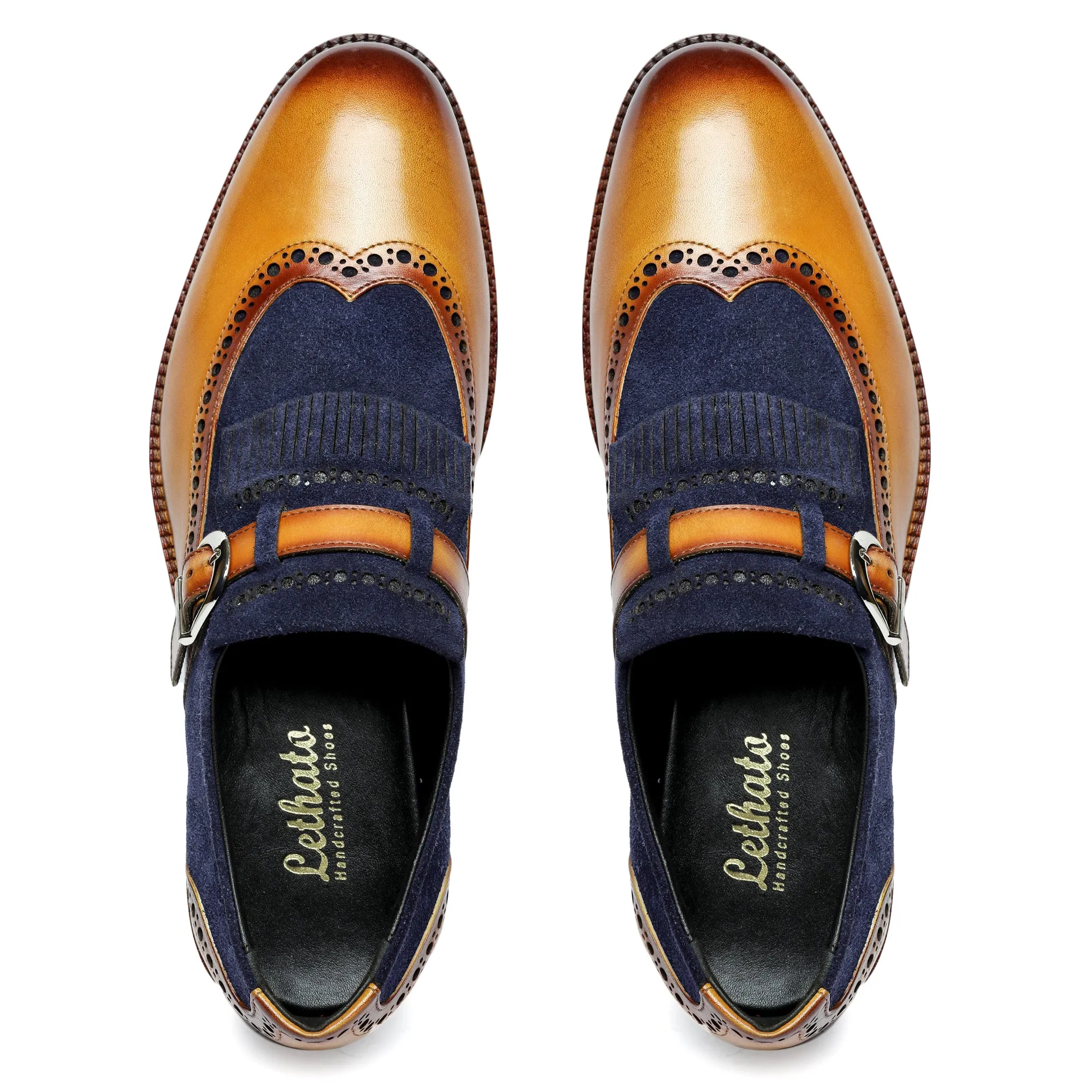 Wingtip Brogue Kiltie Monk Strap - Navy Suede